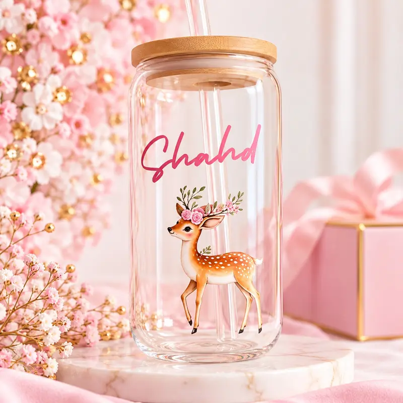 Cutie Deer Glass Mug with Name