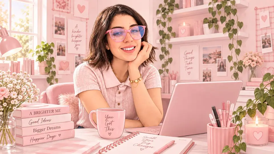 JOA at her desk, surrounded by pink stationery, personalised mugs and notebooks